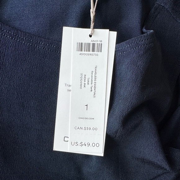 NWT Chico’s Travelers Reversible Tank Top Navy Blue Sleeveless Size 1 (M 8/10) - Picture 4 of 6